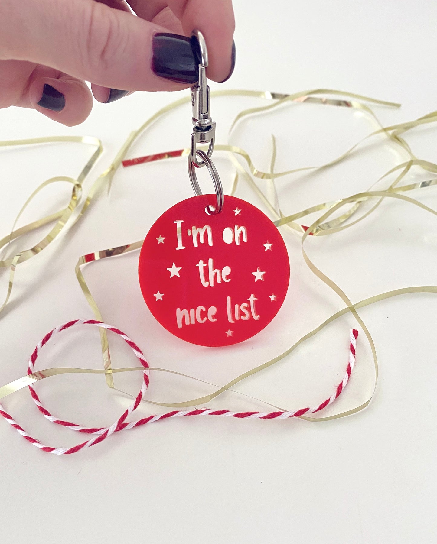 I'm on the nice list, red, acrylic key ring