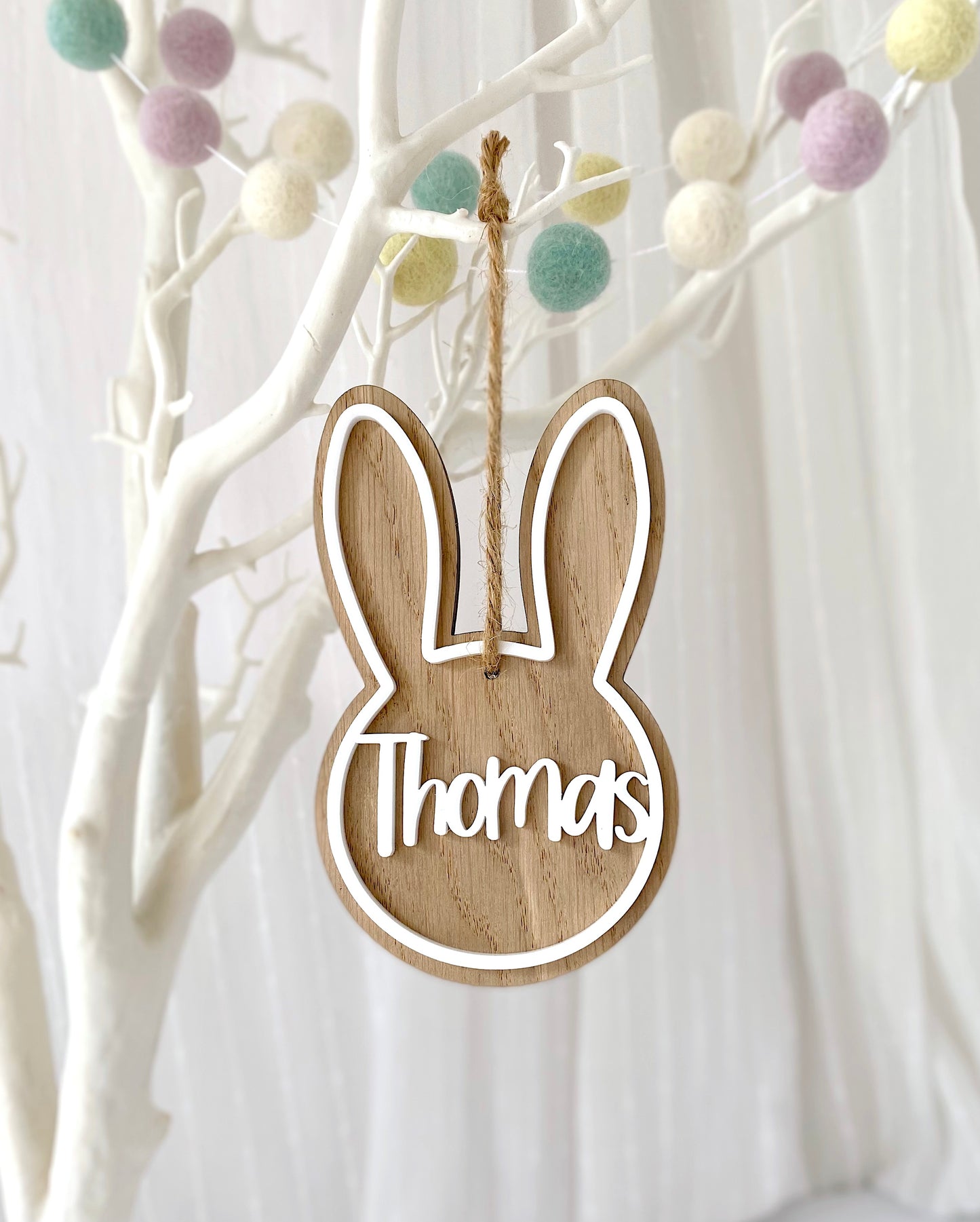 Wooden Easter bunny hanging decoration with white acrylic name