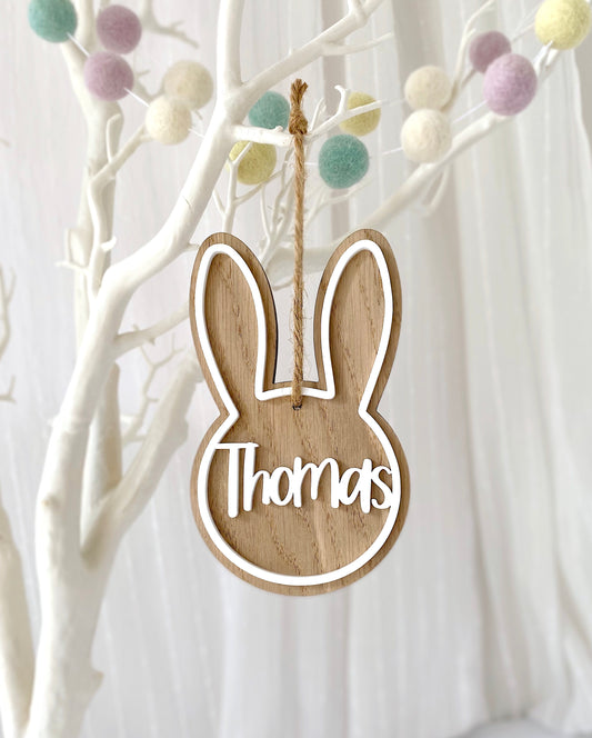 Wooden Easter bunny hanging decoration with white acrylic name