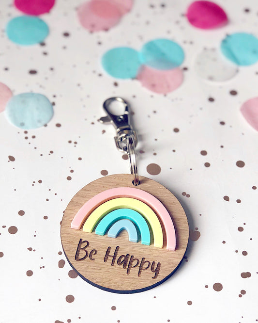 Be Happy Rainbow key ring - pastel coloured rainbow in acrylic with wooden cirrcular keyring