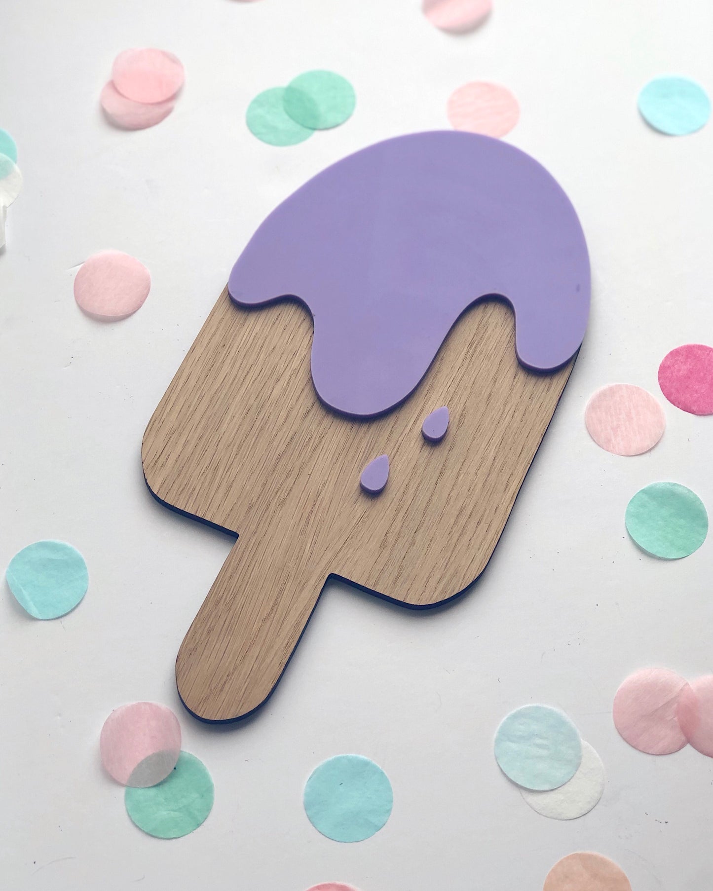 Wooden ice lolly wall decoration with lilac acrylic details