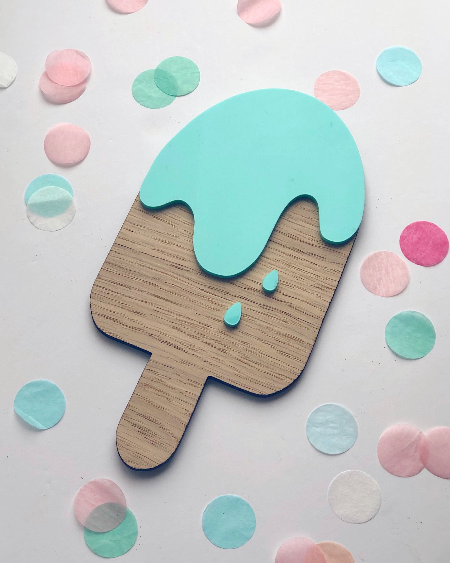 Wooden ice lolly wall decoration with mint green acrylic details