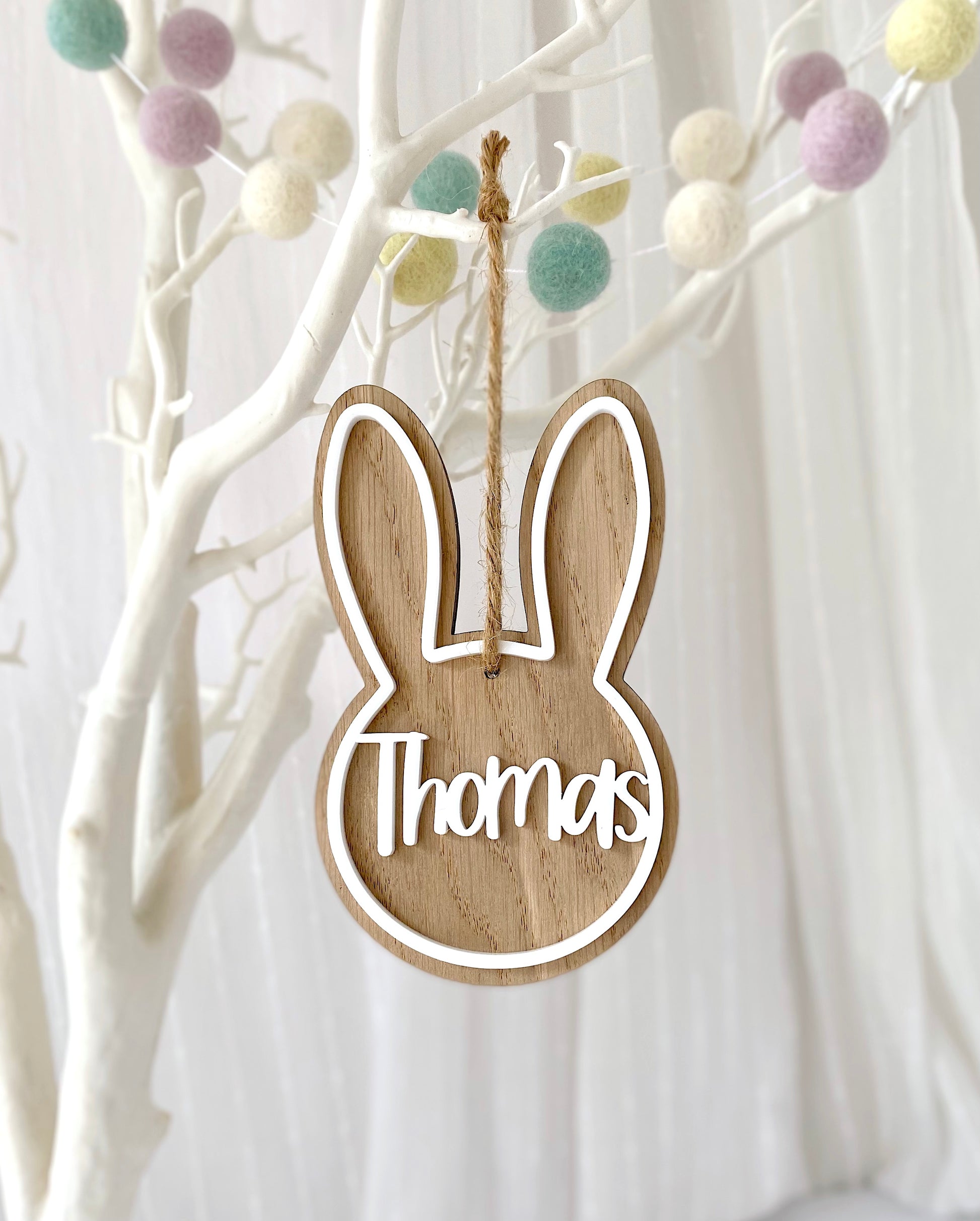 Wooden Easter bunny hanging decoration with white acrylic name
