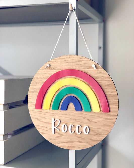 personalised wooden plaque with bold acrylic rainbow and name 