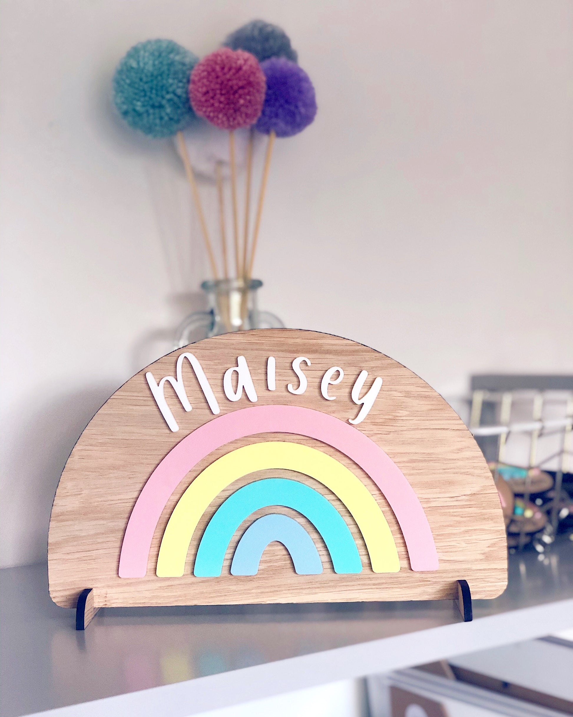 Personalised rainbow in wood and pastel acrylic