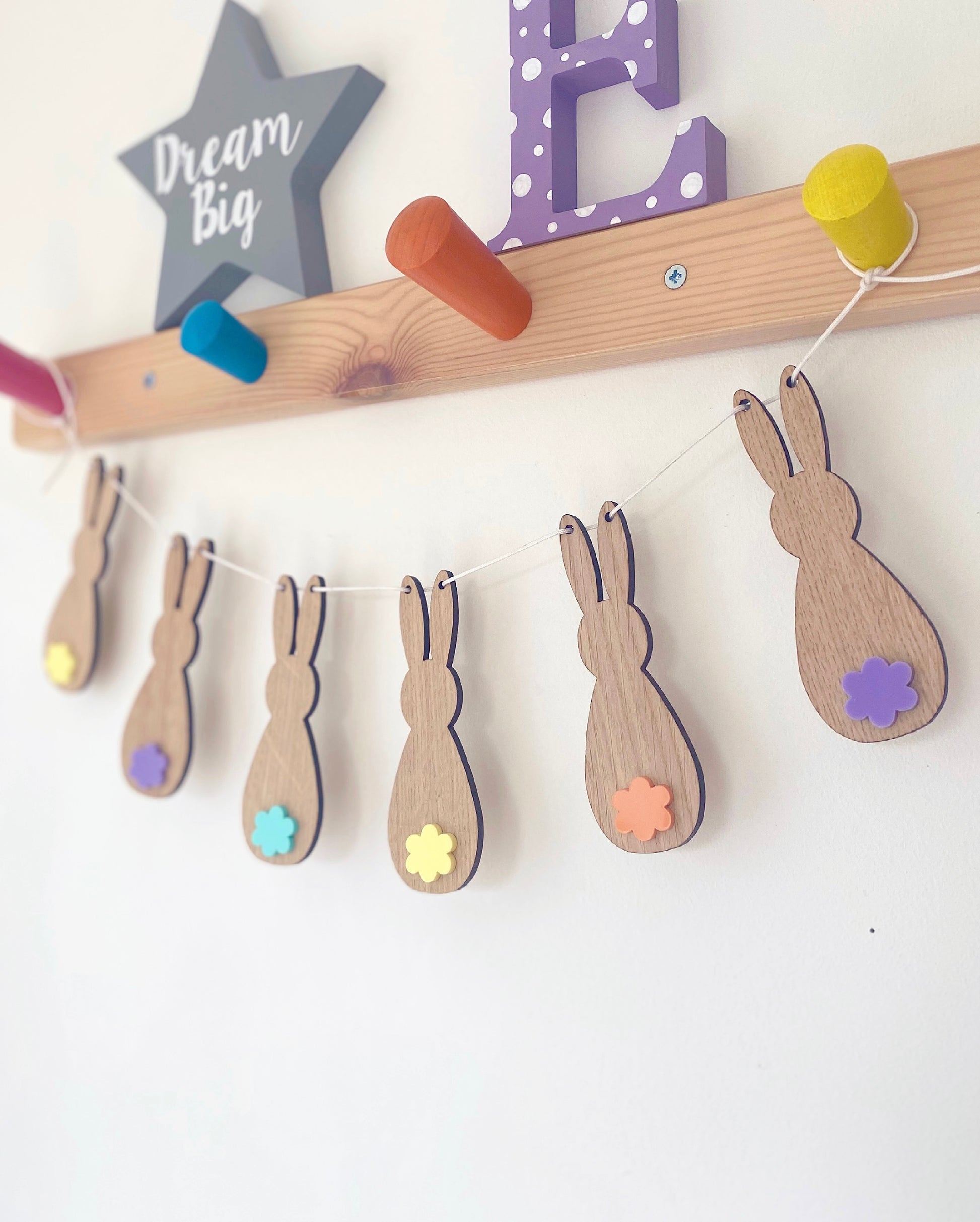 wooden bunny rabbit garland with multicoloured tails