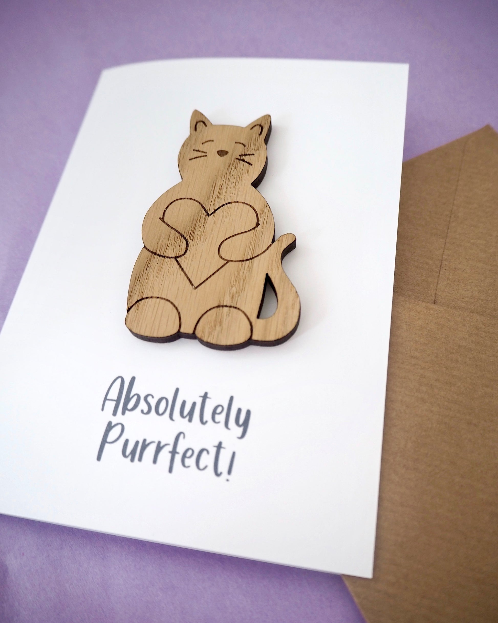 cat card with wooden cat and absolutely purrfect text