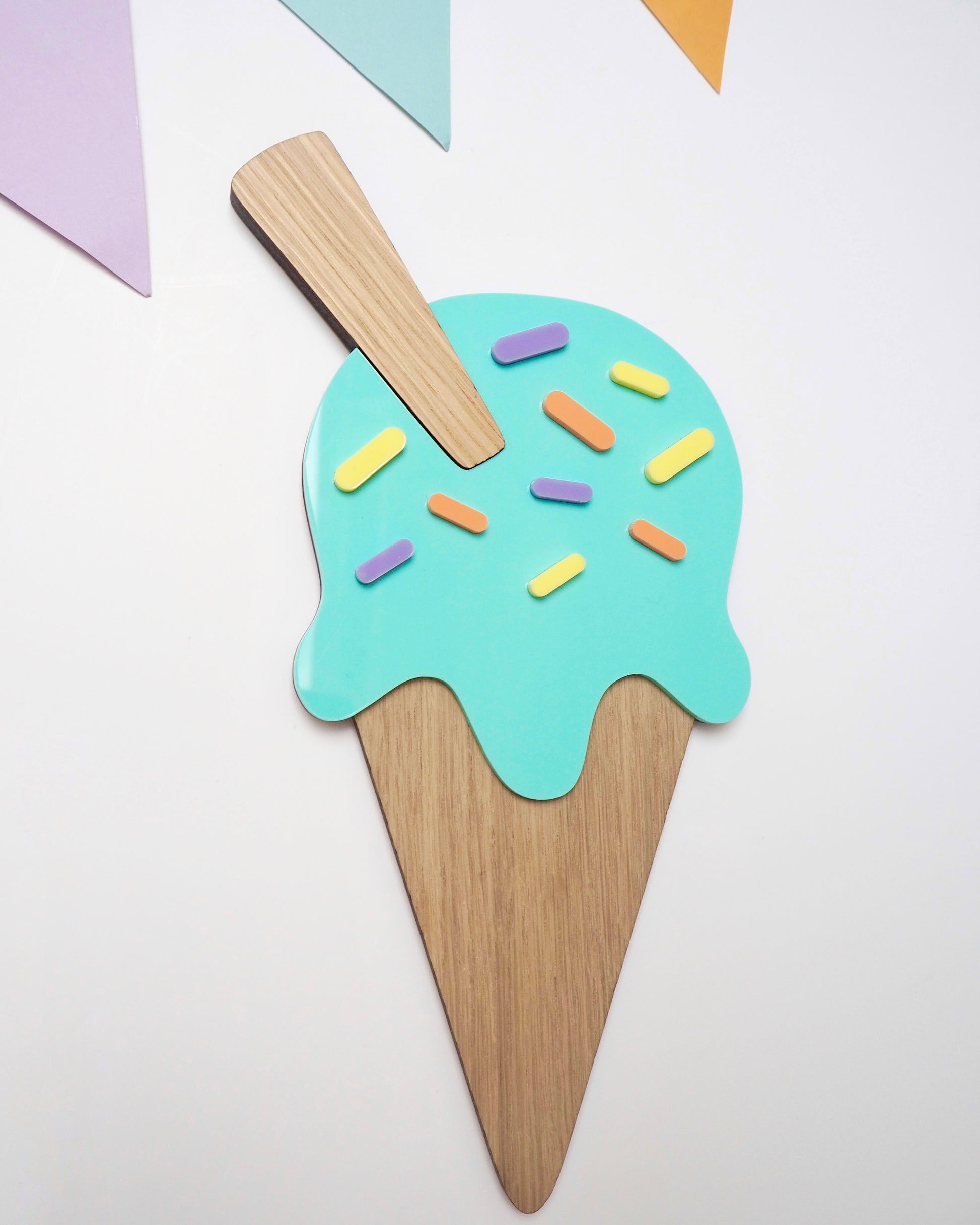 Wooden ice cream wall decoration with mint green acrylic and multicoloured sprinkles